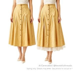 Sunny Leigh M Gold Silk Blend Button Front Midi Skirt Spring Minimalist